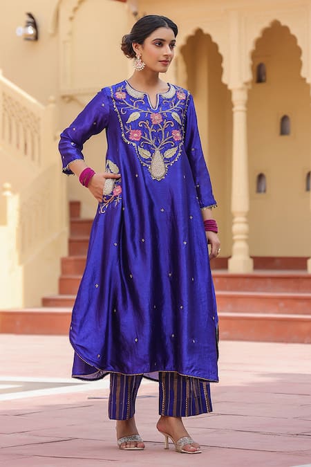Label Niti Bothra Blue Silk Pearls, Zari, Rhinestones And Resham Embroidered Kurta & Palazzo Set Online at Aza Fashions Label Niti Bothra_Blue Silk Pearls, Zari, Rhinestones And Resham Embroidered Kurta & Palazzo Set_Online_at_Aza_Fashions
