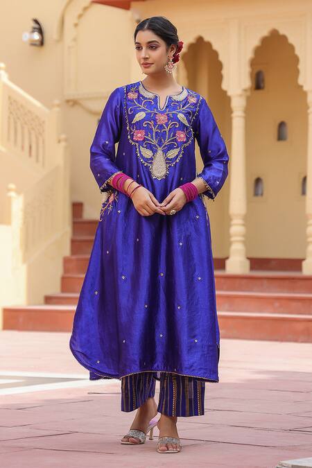 Buy Label Niti Bothra Blue Silk Pearls, Zari, Rhinestones And Resham Embroidered Kurta & Palazzo Set Online at Aza Fashions Buy_Label Niti Bothra_Blue Silk Pearls, Zari, Rhinestones And Resham Embroidered Kurta & Palazzo Set_Online_at_Aza_Fashions
