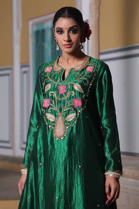 Shop Label Niti Bothra Green Silk Pearls, Zari Resham Embroidered Yoke Kurta And Palazzo Set at Aza Fashions Shop_Label Niti Bothra_Green Silk Pearls, Zari Resham Embroidered Yoke Kurta And Palazzo Set_at_Aza_Fashions