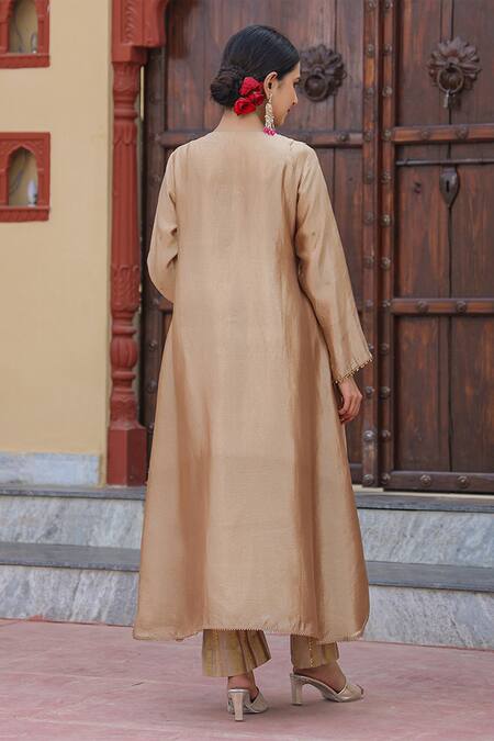 Shop Label Niti Bothra Beige Silk Pearls, Zari Split V-neck Embroidered Yoke Kurta And Palazzo Set at Aza Fashions Shop_Label Niti Bothra_Beige Silk Pearls, Zari Split V-neck Embroidered Yoke Kurta And Palazzo Set_at_Aza_Fashions