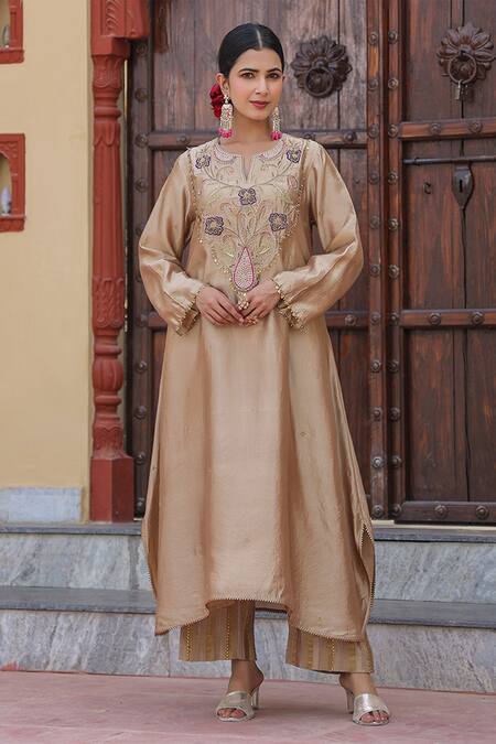 Shop Label Niti Bothra Beige Silk Pearls, Zari Split V-neck Embroidered Yoke Kurta And Palazzo Set Online at Aza Fashions Shop_Label Niti Bothra_Beige Silk Pearls, Zari Split V-neck Embroidered Yoke Kurta And Palazzo Set_Online_at_Aza_Fashions