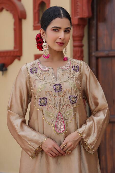 Label Niti Bothra Beige Silk Pearls, Zari Split V-neck Embroidered Yoke Kurta And Palazzo Set at Aza Fashions Label Niti Bothra_Beige Silk Pearls, Zari Split V-neck Embroidered Yoke Kurta And Palazzo Set_at_Aza_Fashions
