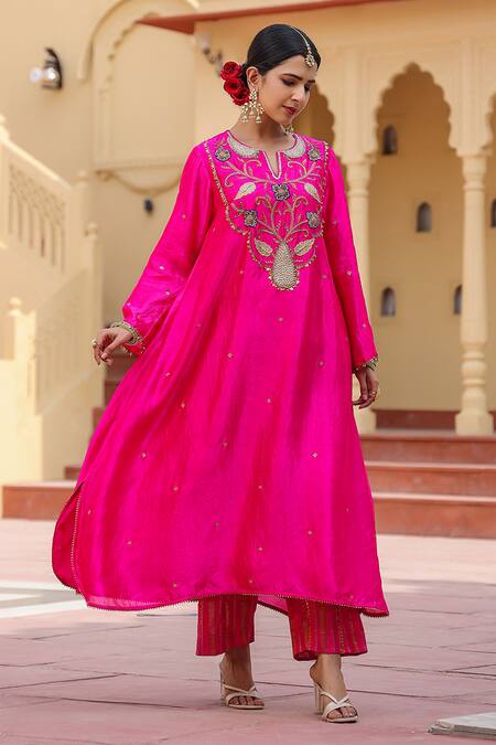 Shop Label Niti Bothra Pink Silk Pearls, Embroidery Split V-neck Motif Kurta And Palazzo Set Online at Aza Fashions Shop_Label Niti Bothra_Pink Silk Pearls, Embroidery Split V-neck Motif Kurta And Palazzo Set_Online_at_Aza_Fashions