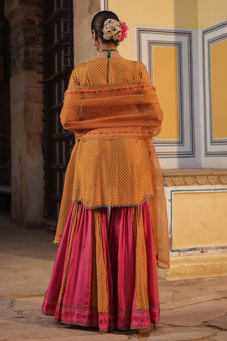 Shop_Label Niti Bothra_Yellow Silk Pearls, Zari Split V-neck Tikki And Work Kurta Sharara Set _at_Aza_Fashions