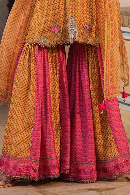 Label Niti Bothra_Yellow Silk Pearls, Zari Split V-neck Tikki And Work Kurta Sharara Set _Online_at_Aza_Fashions