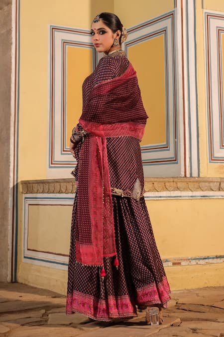 Shop_Label Niti Bothra_Purple Silk Pearls, Zari Collared Cheent Print Cutwork Kurta Sharara Set _at_Aza_Fashions