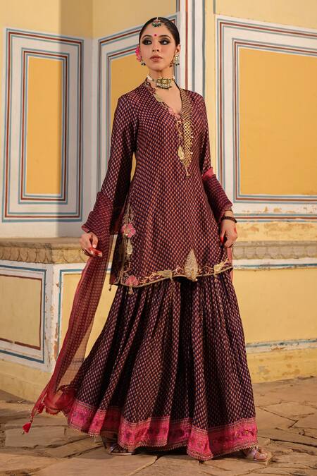 Label Niti Bothra_Purple Silk Pearls, Zari Collared Cheent Print Cutwork Kurta Sharara Set _Online_at_Aza_Fashions