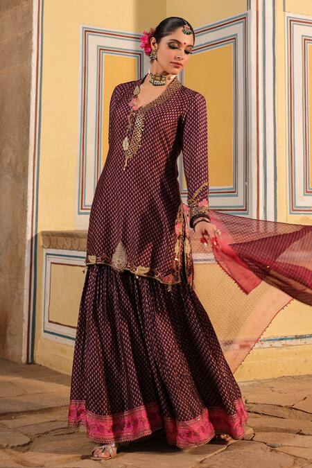 Buy_Label Niti Bothra_Purple Silk Pearls, Zari Collared Cheent Print Cutwork Kurta Sharara Set _Online_at_Aza_Fashions