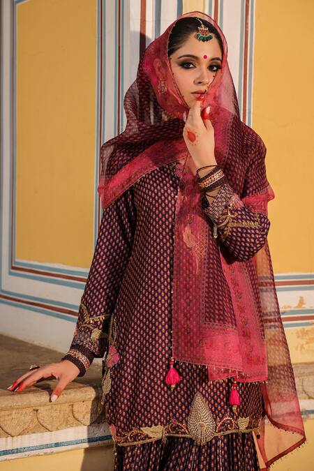 Shop_Label Niti Bothra_Purple Silk Pearls, Zari Collared Cheent Print Cutwork Kurta Sharara Set _Online_at_Aza_Fashions