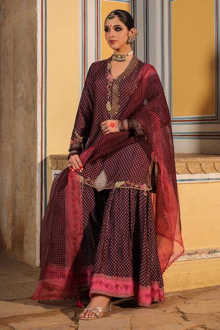 Label Niti Bothra_Purple Silk Pearls, Zari Collared Cheent Print Cutwork Kurta Sharara Set _at_Aza_Fashions