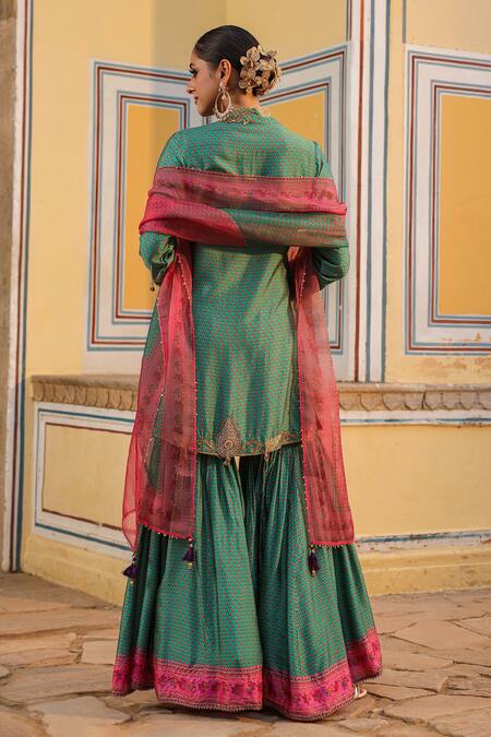 Shop_Label Niti Bothra_Blue Silk Pearls, Zari Split V-neck Cheent Print Embroidered Kurta Sharara Set _at_Aza_Fashions