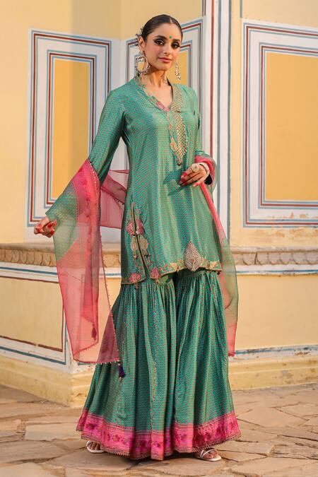 Label Niti Bothra_Blue Silk Pearls, Zari Split V-neck Cheent Print Embroidered Kurta Sharara Set _Online_at_Aza_Fashions