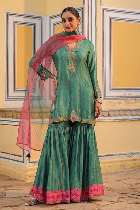 Shop_Label Niti Bothra_Blue Silk Pearls, Zari Split V-neck Cheent Print Embroidered Kurta Sharara Set _Online_at_Aza_Fashions