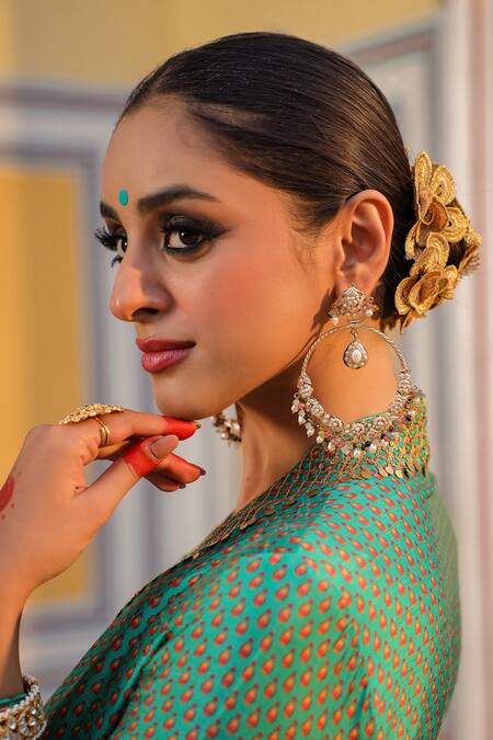 Label Niti Bothra_Blue Silk Pearls, Zari Split V-neck Cheent Print Embroidered Kurta Sharara Set _at_Aza_Fashions