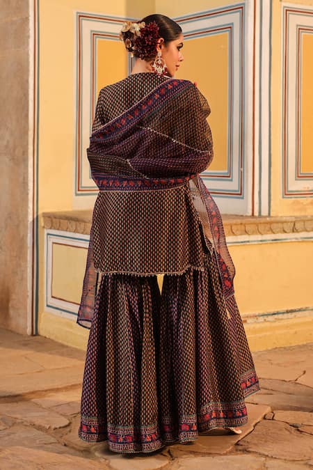 Shop_Label Niti Bothra_Green Silk Pearls, Zari Split Applique Motif Embroidered Kurta Sharara Set _at_Aza_Fashions