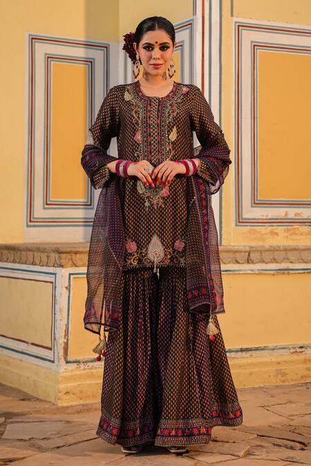 Label Niti Bothra_Green Silk Pearls, Zari Split Applique Motif Embroidered Kurta Sharara Set _Online_at_Aza_Fashions