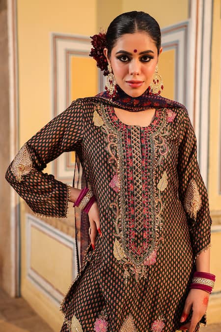 Shop_Label Niti Bothra_Green Silk Pearls, Zari Split Applique Motif Embroidered Kurta Sharara Set _Online_at_Aza_Fashions