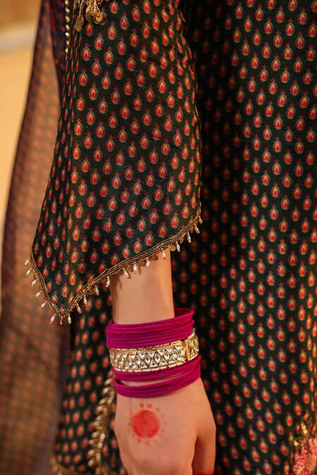 Label Niti Bothra_Green Silk Pearls, Zari Split Applique Motif Embroidered Kurta Sharara Set _at_Aza_Fashions