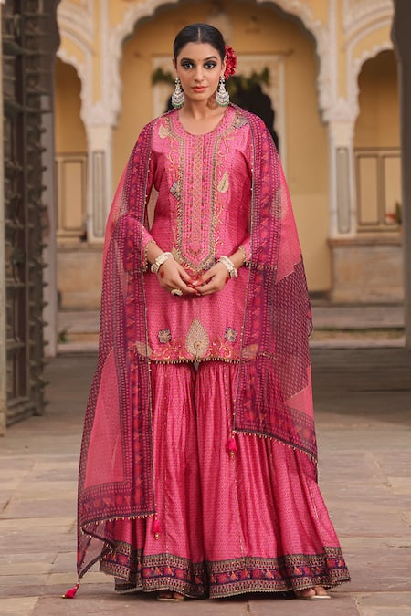 Label Niti Bothra Pink Silk Embroidered Pearl Notched Applique Work Kurta Sharara Set 