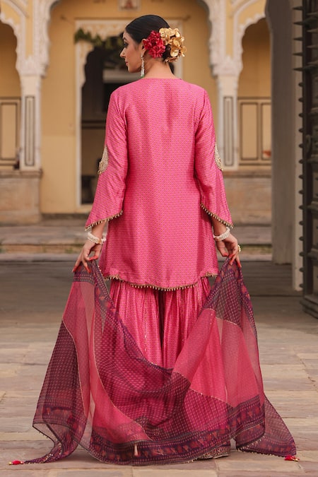 Shop_Label Niti Bothra_Pink Silk Pearls, Zari, Embroidery Split V-neck Applique Work Kurta Sharara Set _at_Aza_Fashions