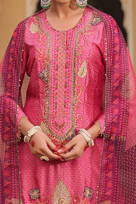 Label Niti Bothra Pink Silk Pearls, Zari, Embroidery Split V-neck Applique Work Kurta Sharara Set Online at Aza Fashions Label Niti Bothra_Pink Silk Pearls, Zari, Embroidery Split V-neck Applique Work Kurta Sharara Set _Online_at_Aza_Fashions