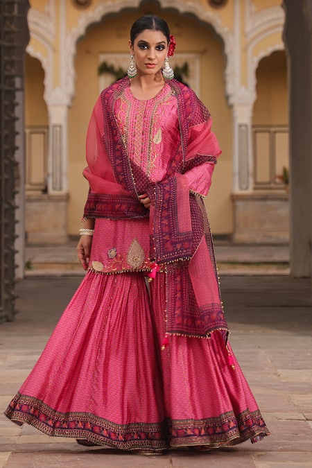Label Niti Bothra_Pink Silk Pearls, Zari, Embroidery Split V-neck Applique Work Kurta Sharara Set _at_Aza_Fashions