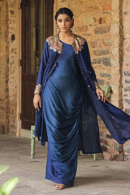 Label Niti Bothra Blue Silk Embroidered Pearl One-shoulder Ombre Cowl Dress With Jacket 