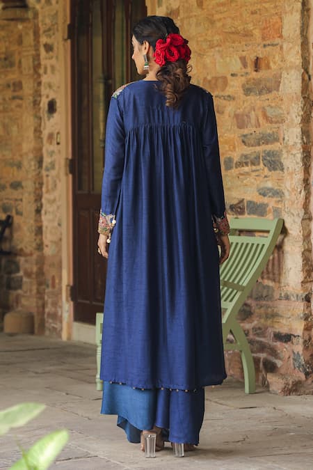 Shop_Label Niti Bothra_Blue Silk Pearls, Embroidery One Shoulder, Round Ombre Cowl Dress With Jacket _at_Aza_Fashions