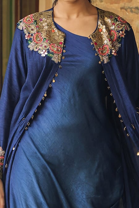Label Niti Bothra Blue Silk Pearls, Embroidery One Shoulder, Round Ombre Cowl Dress With Jacket Online at Aza Fashions Label Niti Bothra_Blue Silk Pearls, Embroidery One Shoulder, Round Ombre Cowl Dress With Jacket _Online_at_Aza_Fashions