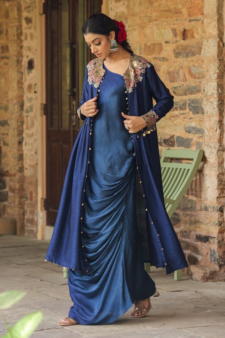 Buy_Label Niti Bothra_Blue Silk Pearls, Embroidery One Shoulder, Round Ombre Cowl Dress With Jacket _Online_at_Aza_Fashions