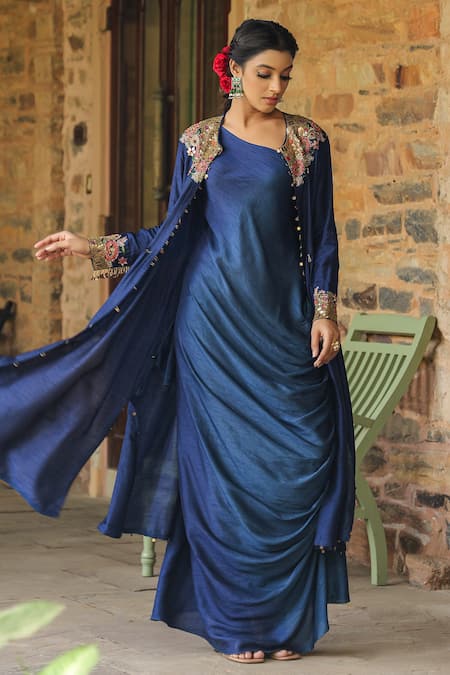 Shop_Label Niti Bothra_Blue Silk Pearls, Embroidery One Shoulder, Round Ombre Cowl Dress With Jacket _Online_at_Aza_Fashions