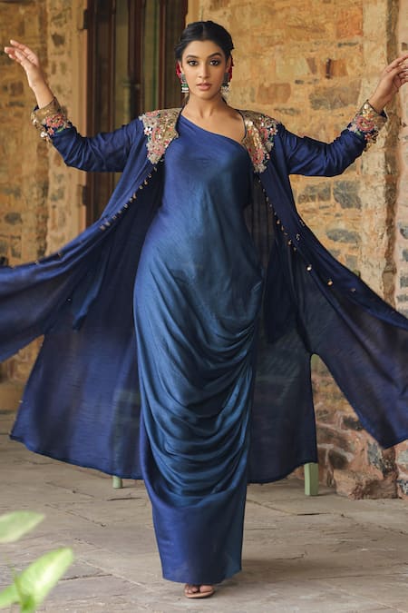 Label Niti Bothra_Blue Silk Pearls, Embroidery One Shoulder, Round Ombre Cowl Dress With Jacket _at_Aza_Fashions