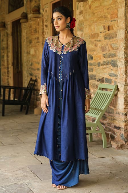 Buy_Label Niti Bothra_Blue Silk Pearls, Embroidery One Shoulder, Round Ombre Cowl Dress With Jacket 