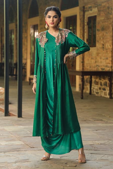 Label Niti Bothra Green Silk Embroidered Pearl One-shoulder Cowl Dress With Jacket 