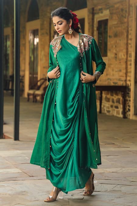 Shop_Label Niti Bothra_Green Silk Pearls, Embroidery One Shoulder, Round Neck Cowl Dress With Jacket _at_Aza_Fashions