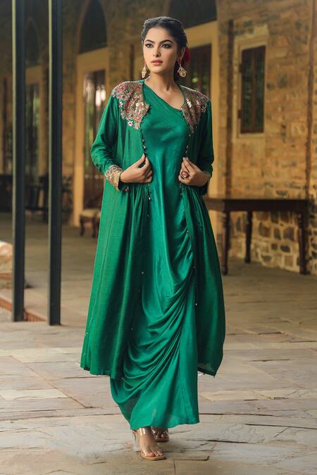 Label Niti Bothra_Green Silk Pearls, Embroidery One Shoulder, Round Neck Cowl Dress With Jacket _Online_at_Aza_Fashions