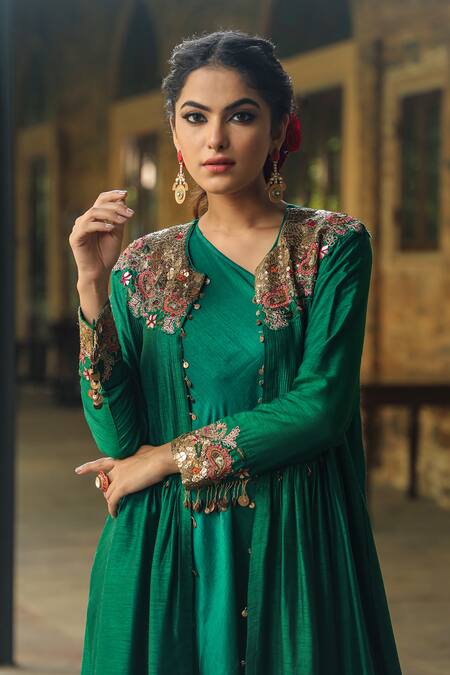 Buy_Label Niti Bothra_Green Silk Pearls, Embroidery One Shoulder, Round Neck Cowl Dress With Jacket _Online_at_Aza_Fashions