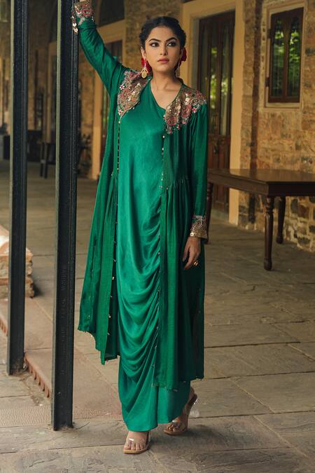 Shop_Label Niti Bothra_Green Silk Pearls, Embroidery One Shoulder, Round Neck Cowl Dress With Jacket _Online_at_Aza_Fashions