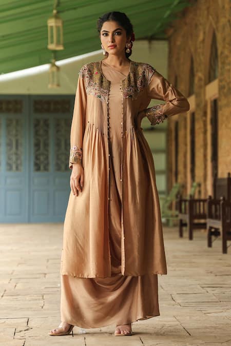 Label Niti Bothra Beige Silk Embroidered Pearl One-shoulder Cowl Dress With Paisley Jacket 