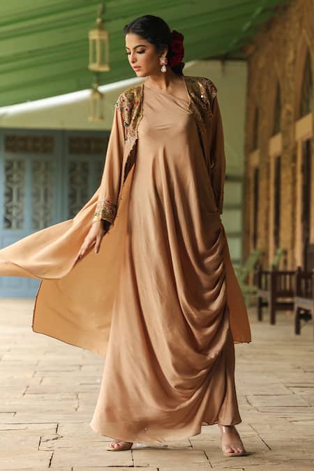 Shop_Label Niti Bothra_Beige Silk Embroidery, Pearls One Shoulder, Cowl Dress With Paisley Jacket _at_Aza_Fashions