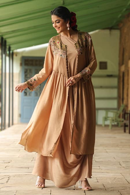 Label Niti Bothra_Beige Silk Embroidery, Pearls One Shoulder, Cowl Dress With Paisley Jacket _Online_at_Aza_Fashions