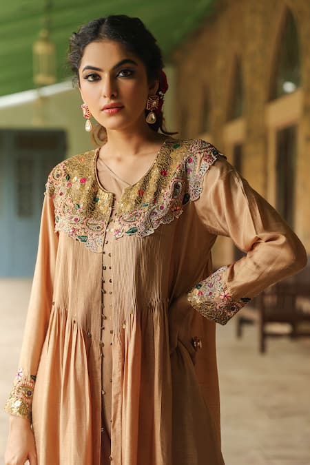 Buy_Label Niti Bothra_Beige Silk Embroidery, Pearls One Shoulder, Cowl Dress With Paisley Jacket _Online_at_Aza_Fashions