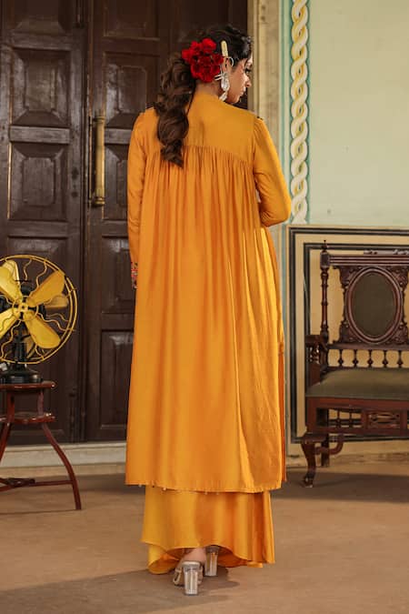 Shop_Label Niti Bothra_Yellow Silk Embroidery, Pearls One Ombre Cowl Dress With Paisley Jacket _at_Aza_Fashions