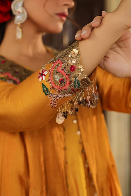 Label Niti Bothra_Yellow Silk Embroidery, Pearls One Ombre Cowl Dress With Paisley Jacket _Online_at_Aza_Fashions