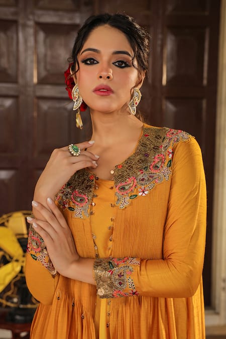 Buy_Label Niti Bothra_Yellow Silk Embroidery, Pearls One Ombre Cowl Dress With Paisley Jacket _Online_at_Aza_Fashions