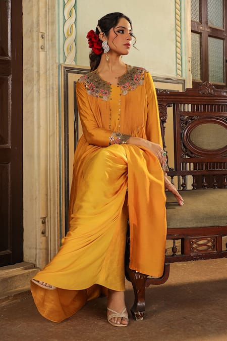 Shop_Label Niti Bothra_Yellow Silk Embroidery, Pearls One Ombre Cowl Dress With Paisley Jacket _Online_at_Aza_Fashions