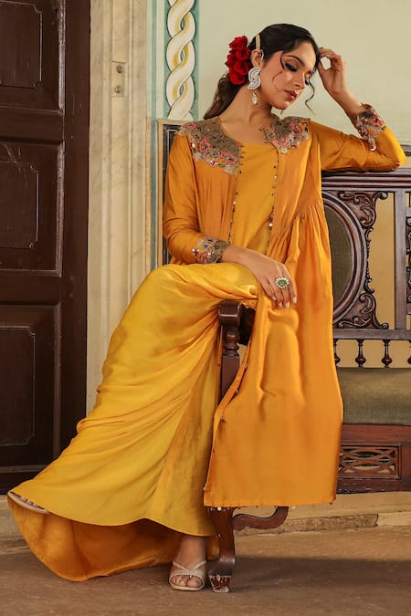 Label Niti Bothra_Yellow Silk Embroidery, Pearls One Ombre Cowl Dress With Paisley Jacket _at_Aza_Fashions