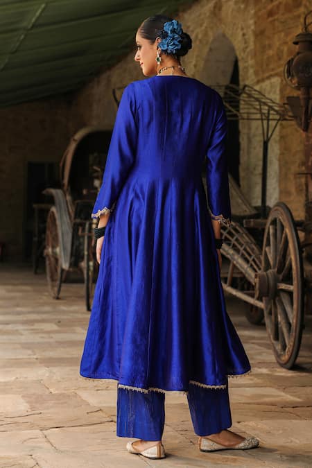 Shop_Label Niti Bothra_Blue Silk, Cotton Zari, Embroidery Split Resham Yoke Anarkali With Palazzo _at_Aza_Fashions