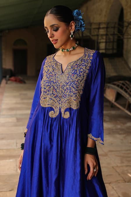 Label Niti Bothra_Blue Silk, Cotton Zari, Embroidery Split Resham Yoke Anarkali With Palazzo _Online_at_Aza_Fashions