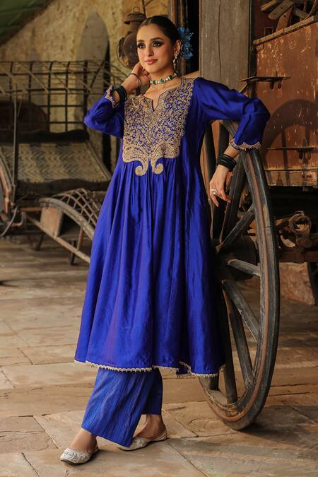 Buy_Label Niti Bothra_Blue Silk, Cotton Zari, Embroidery Split Resham Yoke Anarkali With Palazzo _Online_at_Aza_Fashions